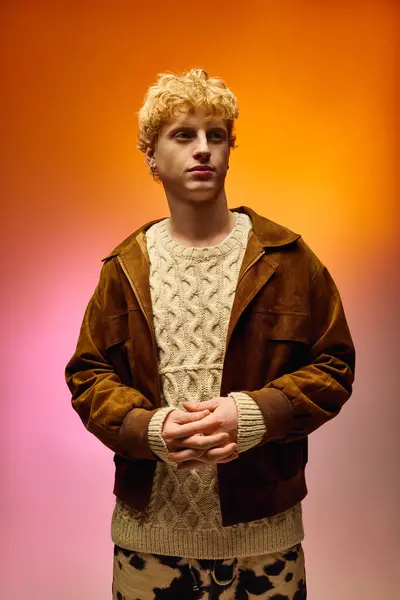 A man dressed in cozy winter attire stands poised against a vibrant gradient background, exuding confidence. He blends contemporary style with festive spirit, perfect for the holiday season. — Stock Photo