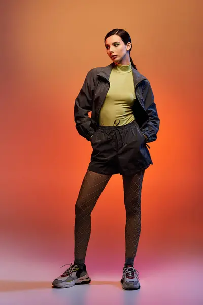 A stylish young woman exudes confidence in chic attire while posing against a vibrant background. — Stock Photo