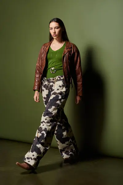 Uma jovem bela mulher morena exibe um estilo único, andando com confiança em uma roupa na moda. — Fotografia de Stock