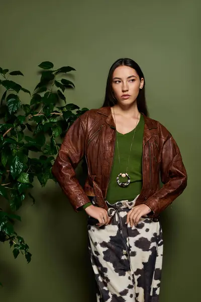 Young woman showcases modern style with a chic outfit and elegant accessories in an indoor setting — Stock Photo