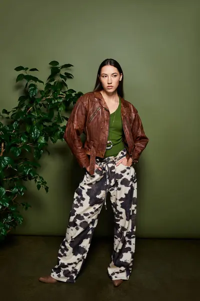 Confident young woman stands with poise, showcasing her unique style and natural beauty indoors. — Stock Photo