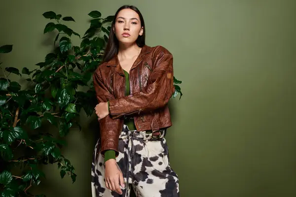 Brunette woman showcases a trendy jacket and unique pants among lush green foliage. — Stock Photo