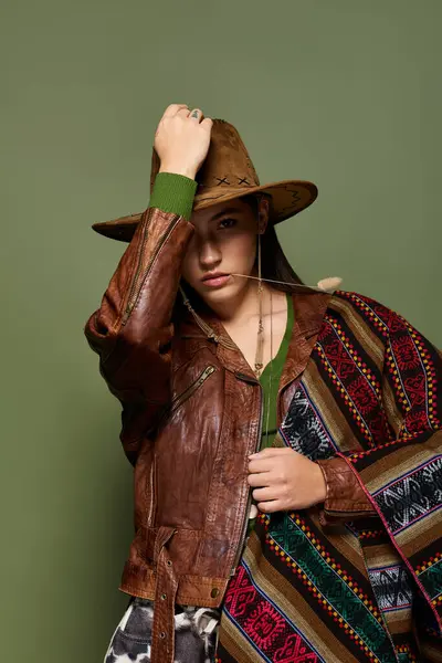 Brunette woman poses elegantly in a vibrant jacket and hat, showcasing bold style. — Stock Photo