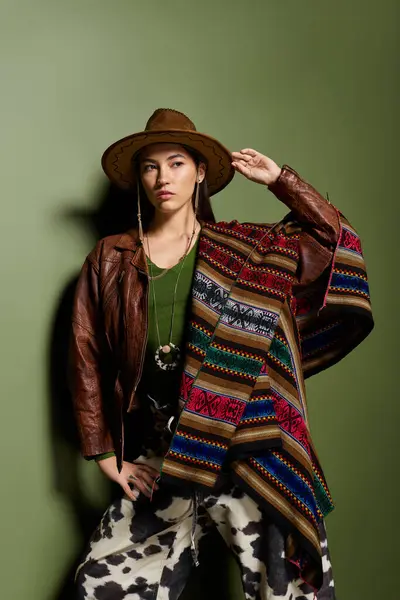 Young woman showcases vibrant fashion, blending tradition with modern style in a captivating pose. — Stock Photo