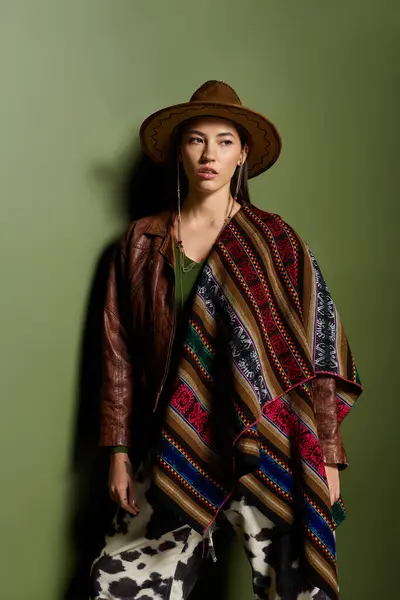Brunette woman showcases her fashion sense with unique attire while striking a pose indoors. — Stock Photo
