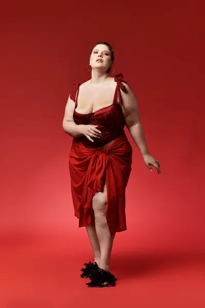 Stylish young woman confidently struts in a striking red dress, radiating beauty and elegance. — Stock Photo