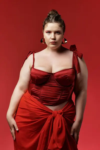 Young woman showcases her unique fashion sense with a striking red ensemble that captivates. — Stock Photo