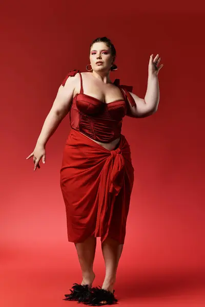 Giovane donna mette in mostra il suo vestito rosso alla moda con fiducia e fascino in un ambiente vibrante. — Foto stock