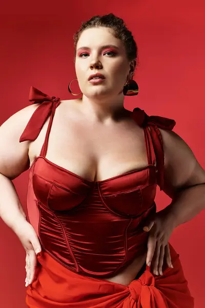 Stylish woman confidently poses in a red ensemble, exuding creativity and modern flair. — Stock Photo
