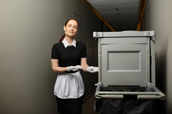 Eine junge Frau in klassischer Uniform navigiert fröhlich mit einem Putzwagen durch einen Flur.. — Stockfoto
