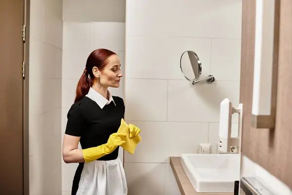 Dedicato giovane donna diligentemente pulizia del bagno con professionalità. — Foto stock