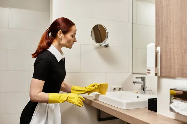 A beautiful young woman in a black dress diligently cleans a bathroom sink with care. — Stock Photo