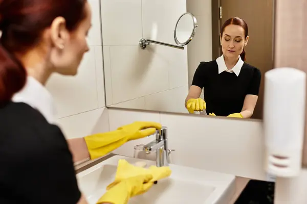 Beautiful woman focuses on cleaning the bathroom sink, showcasing determination and care. — Stock Photo