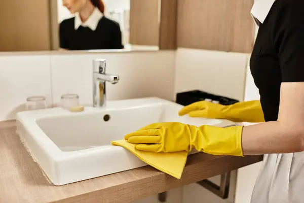 A beautiful young woman in yellow gloves carefully wipes a sink, focused on cleanliness and order. — Stock Photo