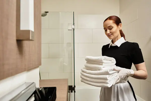 Beautiful woman in uniform gracefully organizes neatly folded towels in a stylish bathroom. — Stock Photo