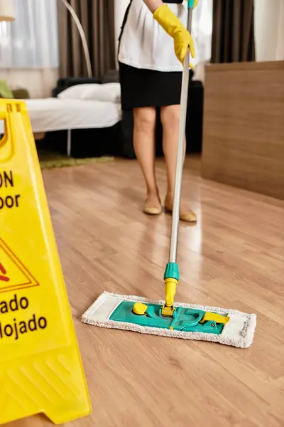 Uma jovem mulher está limpando diligentemente o chão em uma área interior elegante, garantindo a limpeza. — Fotografia de Stock