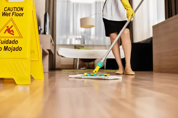 Hermosa mujer fregona piso mojado en una habitación de hotel con estilo durante la tarde. — Stock Photo
