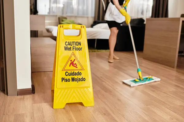 La donna pulisce sapientemente un pavimento in legno in una moderna camera d'albergo garantendo al contempo precauzioni di sicurezza. — Foto stock