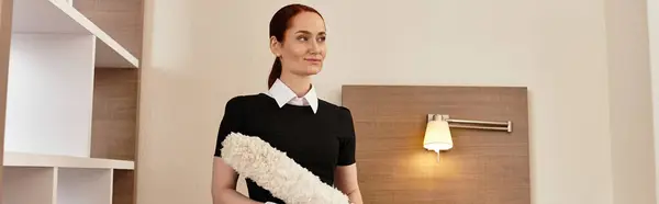 Young woman with elegant style holds a cleaning tool while standing in a sunlit room. — Stock Photo