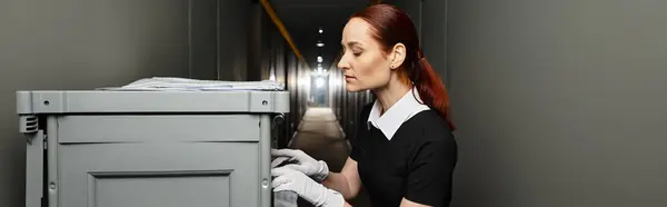 A young woman in a dark outfit inspects a gray container in a narrow hallway filled with light. — Stock Photo