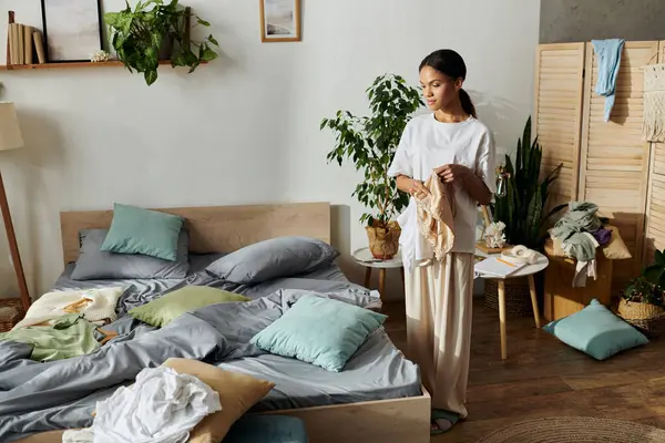 In einer schicken Wohnung organisiert eine junge Frau ihren Raum, während sie Wäsche wäscht. — Stockfoto