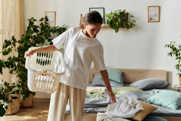A young woman with a thoughtful expression organizes laundry in her stylish apartment. — Stock Photo