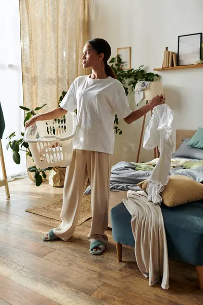 A young African American woman organizes her home while handling laundry in a stylish apartment. — Stock Photo