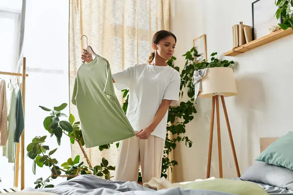 A young African American woman tidies her apartment while organizing her clothes. — Stock Photo