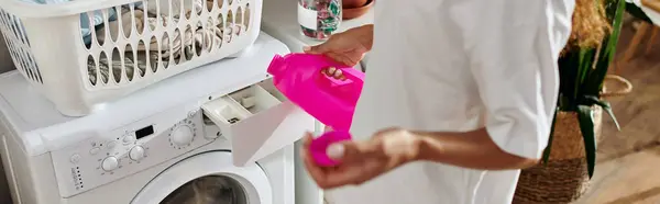 A young African American woman engages in house cleaning chores in her stylish apartment, banner — Stock Photo