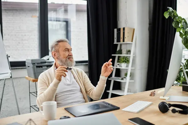 Un uomo maturo in abiti comodi sta discutendo idee in una postazione di lavoro elegante. — Foto stock
