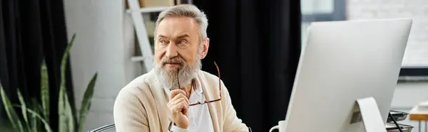 Старший мужчина в очках, размышляющий над идеями, находясь на современном рабочем месте — стоковое фото