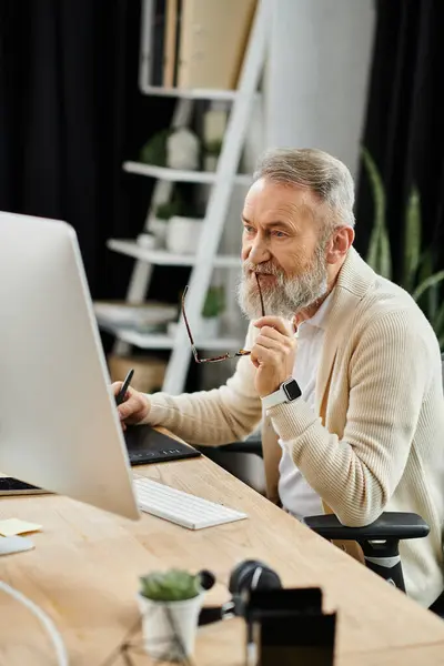 Mature man focuses on his work at a contemporary desk while thoughtfully holding his glasses. — Stock Photo