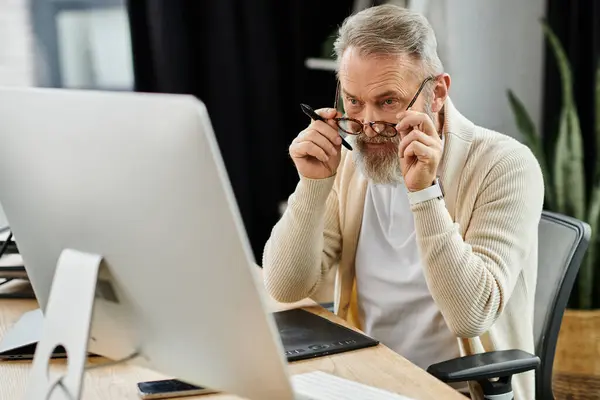 Senior man adjusts his glasses while focusing on tasks at a sleek workstation — Stock Photo