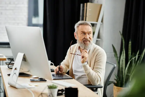 Mature man with a beard holds glasses and looks thoughtfully at a computer screen — Stock Photo