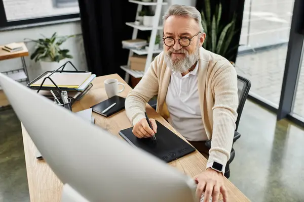 Senior man with a beard is engaged in creative work at his workspace, focused on his tasks. — Stock Photo
