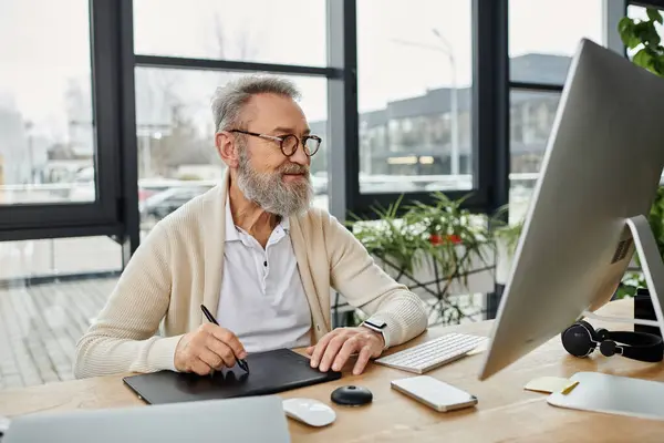 Mature man with glasses and gray beard is engaged in work at a contemporary desk. — Stock Photo