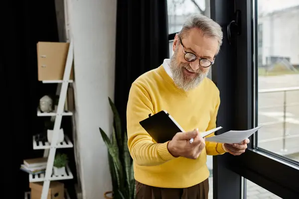 Senior man in a yellow sweater is examining papers while standing by a window. — Stock Photo