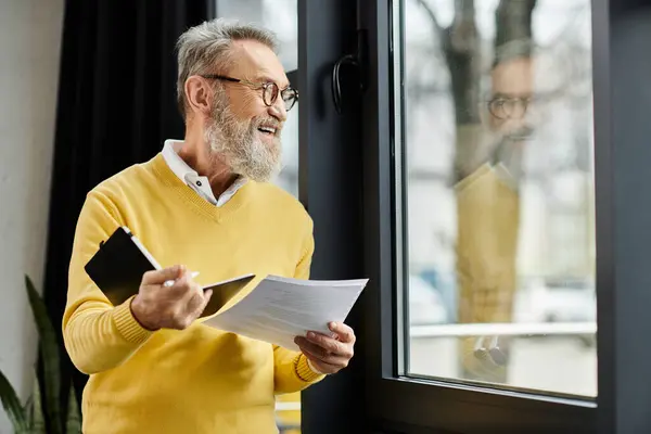 Senior man in a yellow sweater enjoys writing notes by a bright window, smiling kindly. — Stock Photo