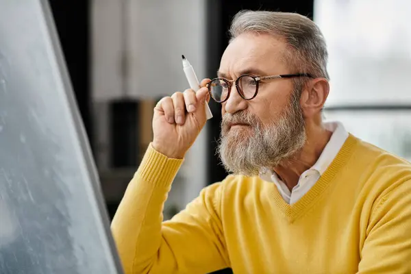 A mature handsome man wearing a yellow sweater is concentrating while holding a pen. — Stock Photo