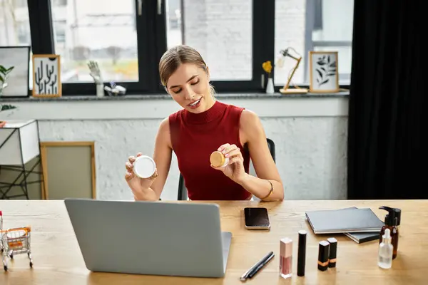 Young influencer shares beauty secrets while demonstrating products from her chic office setting. — Stock Photo