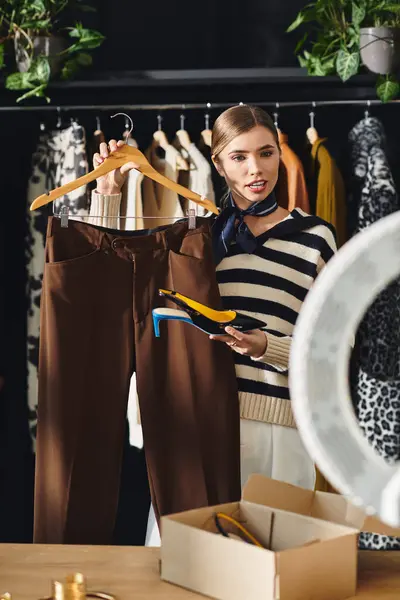Fashion influencer showcases stylish outfits and vibrant shoes while vlogging in a chic studio. — Stock Photo