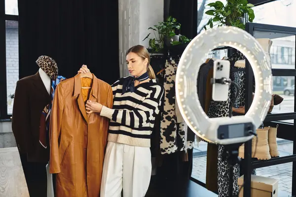 Mujer joven atractiva selecciona un atuendo elegante en una boutique elegante, atrayendo a su audiencia en línea. - foto de stock