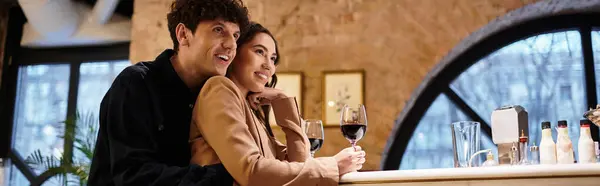 A young couple shares laughter and moments of joy while enjoying their Valentines dinner, banner — Stock Photo
