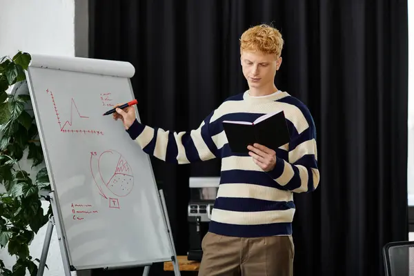 A professional redhead man analyzes a chart and notes in a dynamic workspace. — Photo de stock