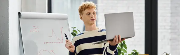 Young man in casual attire engages in a presentation, showcasing insights in a vibrant office, banner — Stock Photo