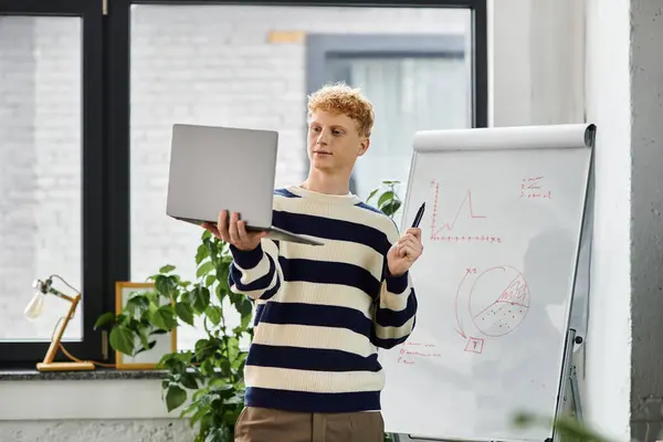 Redhead man in striped sweater engages with team using laptop and presentation tools. — Photo de stock