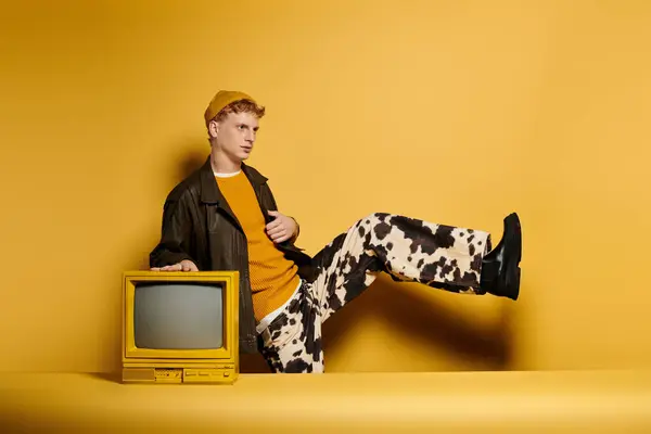 Un homme rousse élégant pose avec confiance dans une tenue d'hiver à la mode avec une télévision vintage sur fond jaune. — Photo de stock