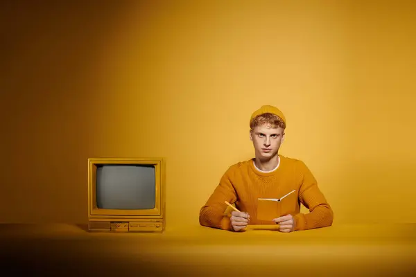 A stylish young man with red hair poses in a trendy winter outfit near vintage television against a yellow backdrop. — Stock Photo