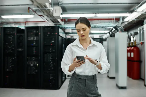 Una donna in camicia bianca si impegna con il suo smartphone in un data center pieno di server. — Foto stock
