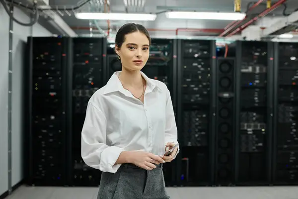 An IT specialist in a white shirt manages complex computer systems in a data center. — Stock Photo